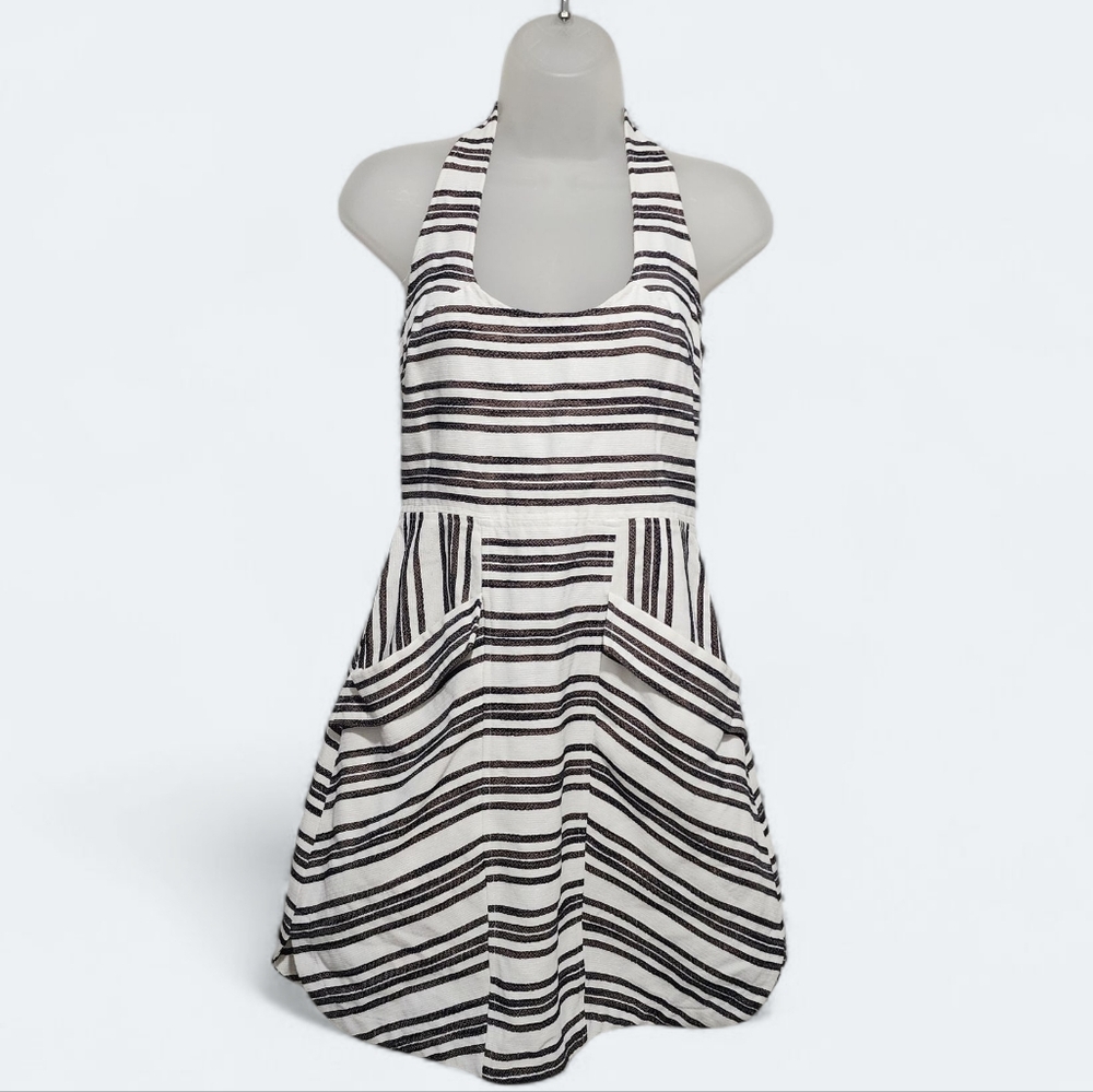 A.L.C. Hudson A-Line Halterneck Cotton Dress Sz 4 White Black Striped
